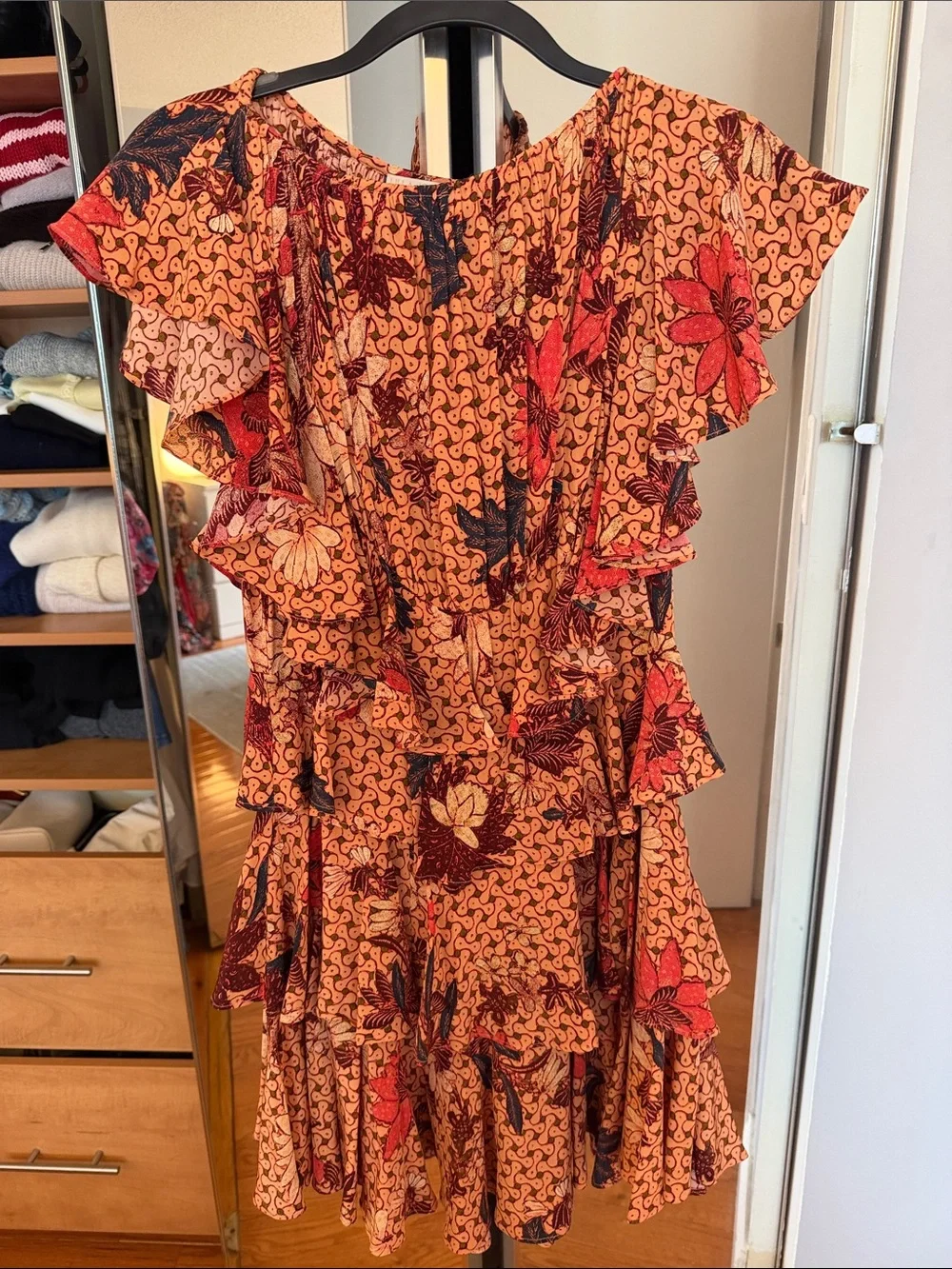 Ulla Johnson Orange Floral Mini Dress with Red & Black Accents